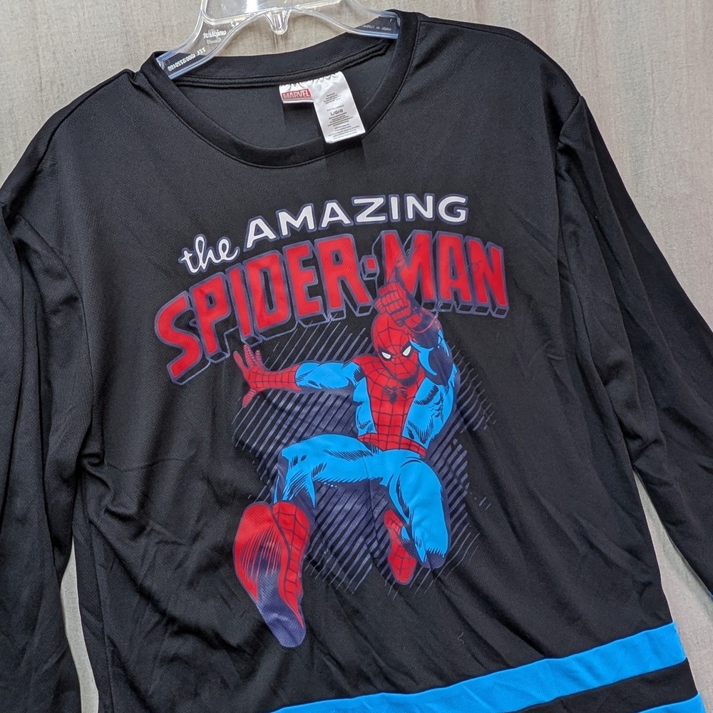 Marvel Amazing Spider-Man Long Sleeve Graphic Hockey Jersey Shirt Black Blue L